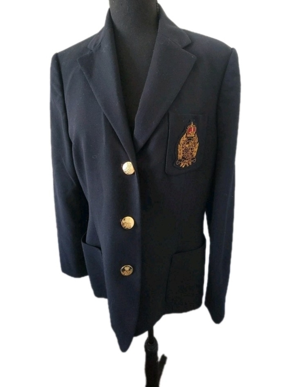 Lauren Ralph Lauren Women’s Rare Vintage Pure Wool Blazer 3D Crest Navy Blue 10